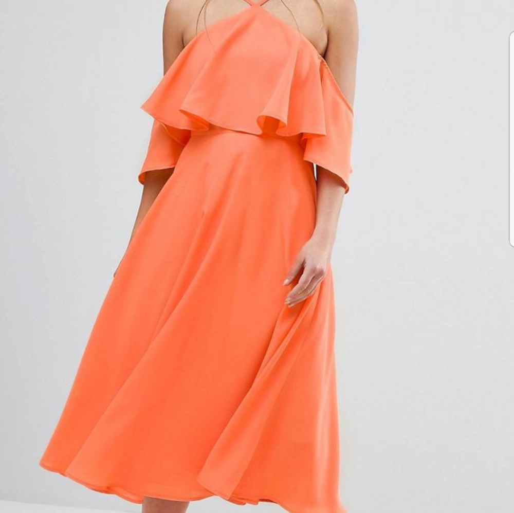 Asos apricot ruffle cold shoulder dress